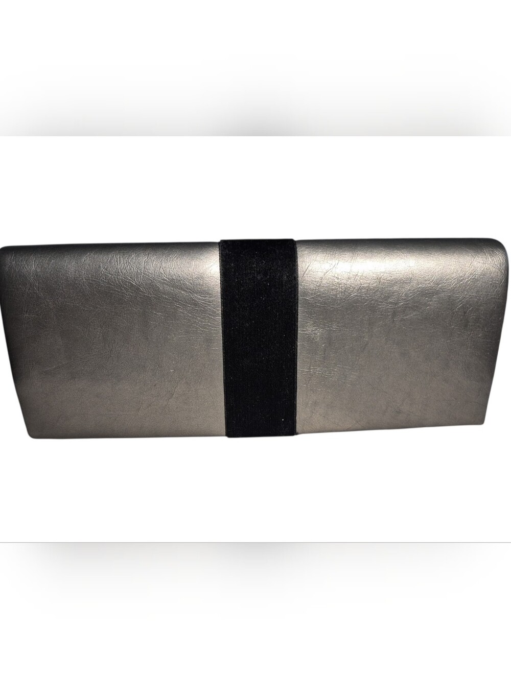 Kinerase Metallic Pewter Envelope Clutch Black Velvet Band Accent OS